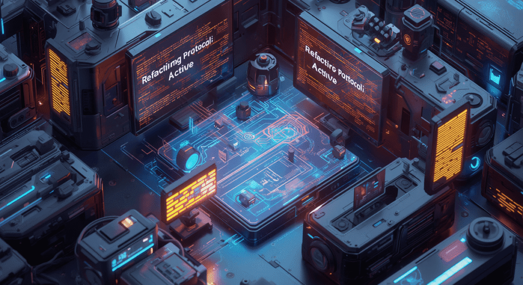 A dynamic workspace showing automated refactoring panels, syntax correction flows, and glowing orange progress indicators.