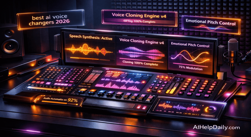 A futuristic audio production console visualizing speech synthesis layers, frequency bars, and vocal track automation.