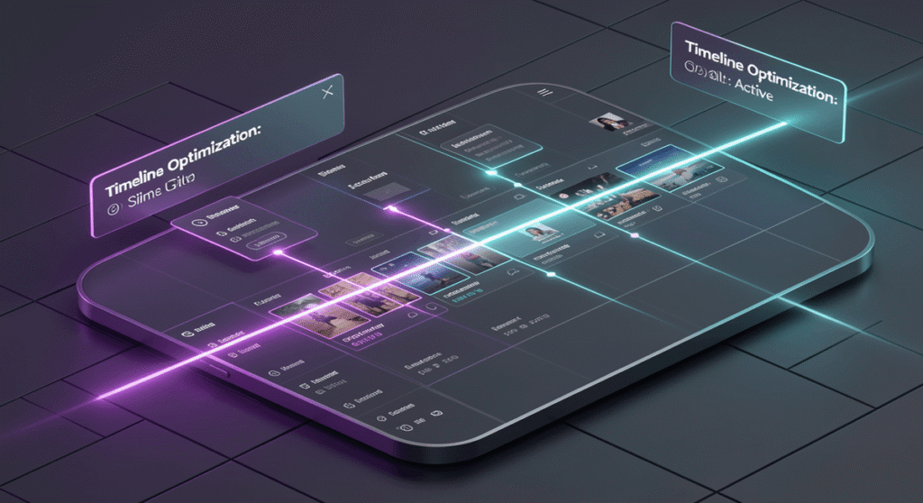 Isometric video editing console with glowing lasers trimming silent gaps in a multi-track timeline.