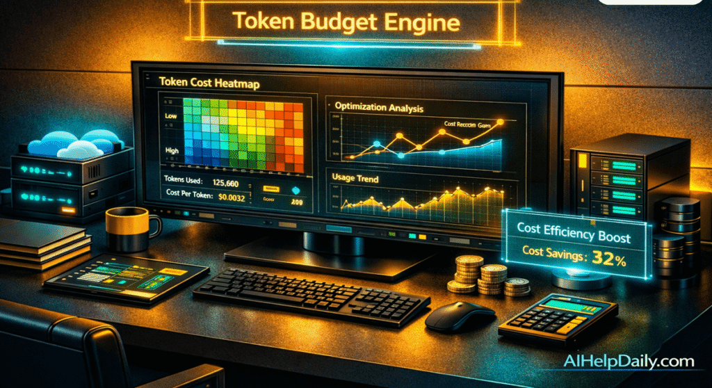 Futuristic lab scene with holographic panel reading “Token Budget Engine” and glowing heatmaps showing token cost distribution.