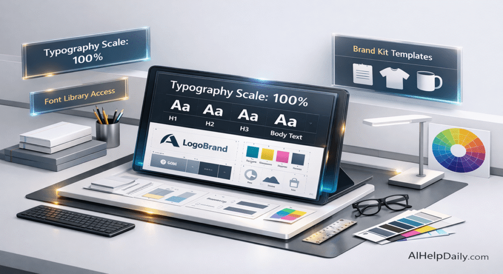 A clean, minimalist studio highlighting typography precision and scalable brand kit generation.