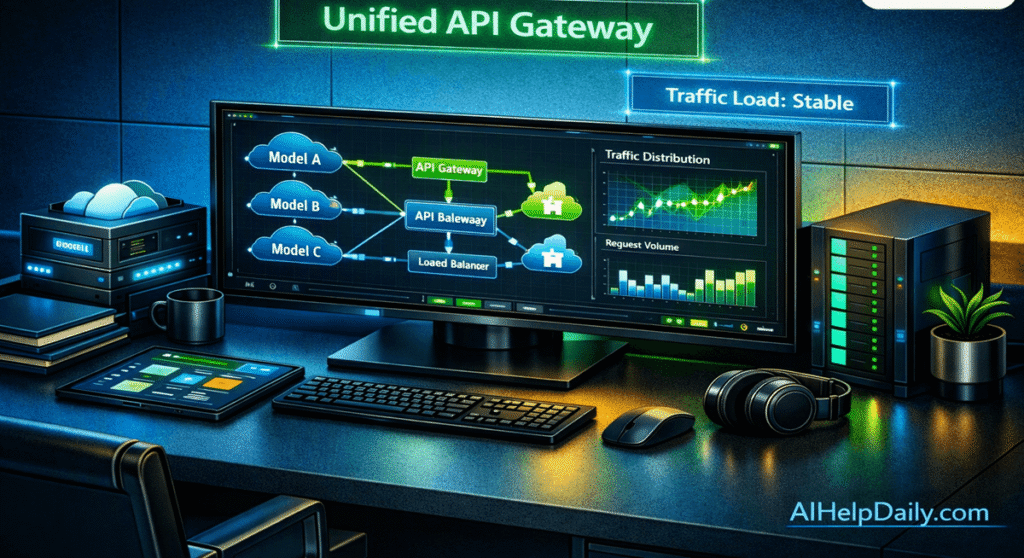  Isometric workspace with holographic panel labeled “Unified API Gateway” and monitor showing traffic routing diagrams and load balancing charts.