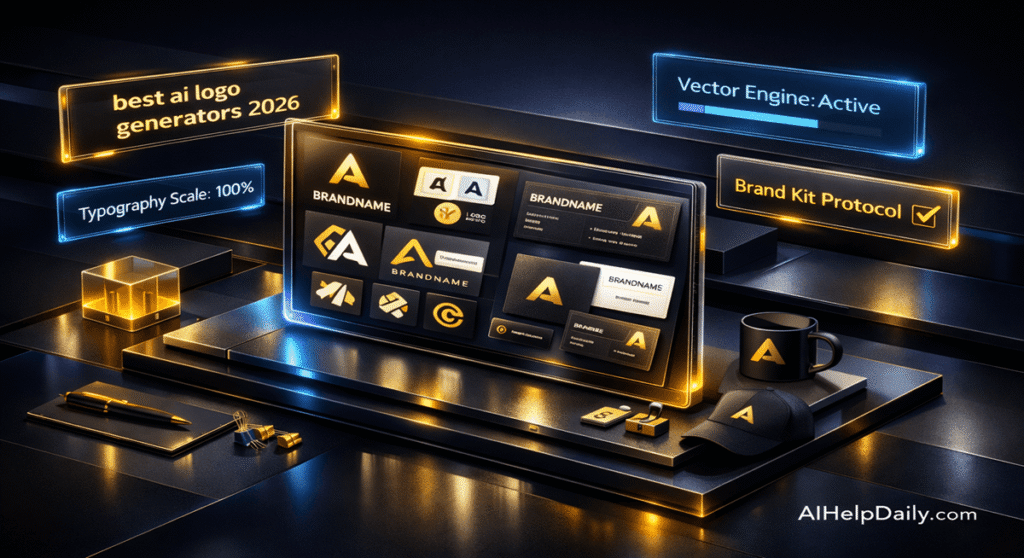 A futuristic AI lab scene visualizing the Vector Engine powering scalable vector logos and brand assets.