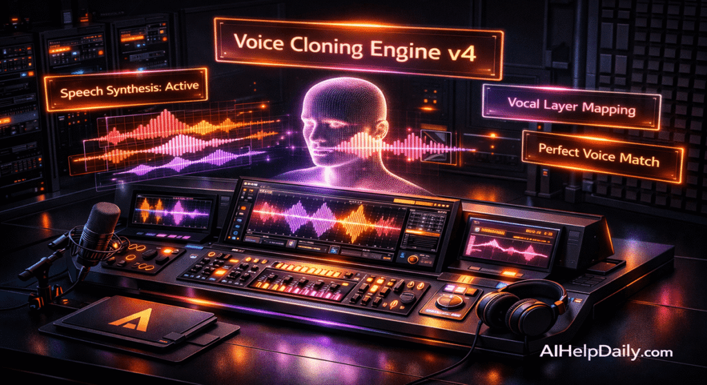 A high-tech lab scene highlighting advanced AI voice cloning technology with holographic vocal layers.