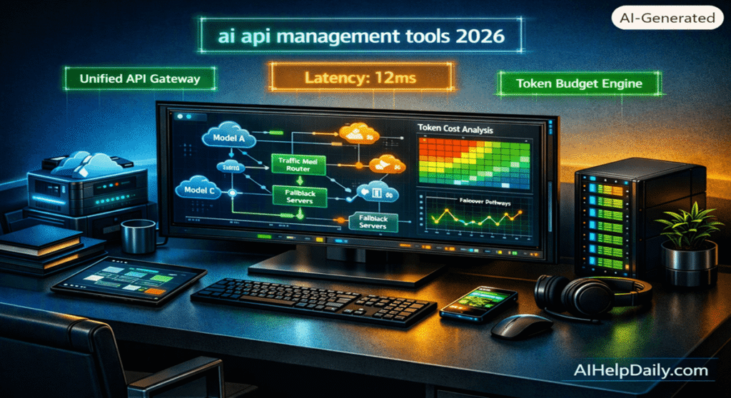 ai api management tools: A developer cloud dashboard displaying multi-LLM API routing, real-time cost analytics, and latency fallback logic.