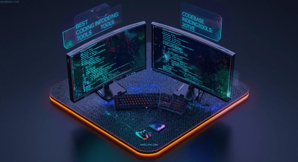 A premium 3D isometric cover showcasing a dual-monitor AI coding workstation with glowing neural code webs and subtle AIHelpDaily.com branding.