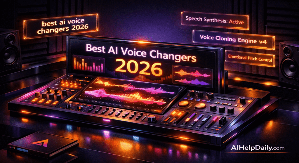 A premium 3D isometric cover showcasing a glowing mixing console with dynamic neon audio waves and subtle AIHelpDaily.com branding.
