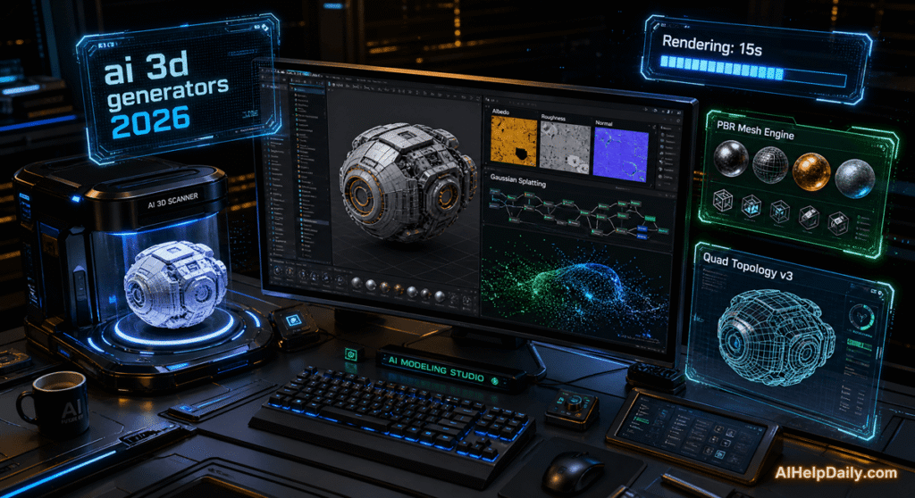 Futuristic 3D isometric studio with widescreen monitor showing meshes, textures, and holographic panels reading “ai 3d generators 2026,” AIHelpDaily.com branding in the corner.