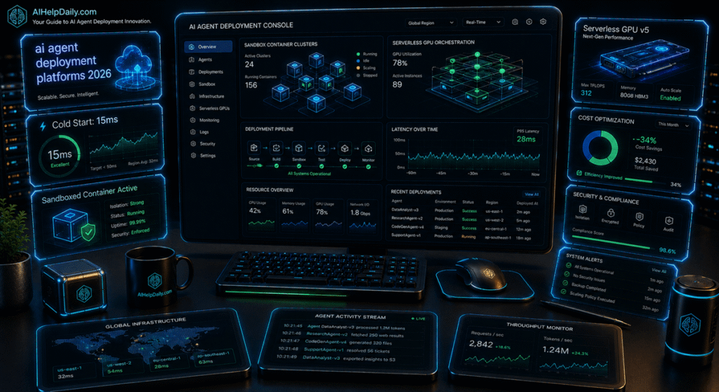 Futuristic 3D isometric cloud studio with widescreen monitor showing container clusters, GPU orchestration graphs, and holographic panels reading “ai agent deployment platforms 2026,” AIHelpDaily.com branding in the corner.