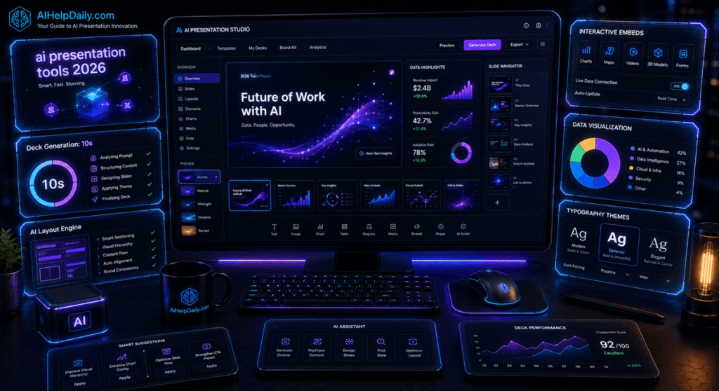 Futuristic 3D isometric presentation studio with widescreen monitor showing pitch deck layouts, holographic panels reading “ai presentation tools 2026,” aihelpdaily.com branding in the corner.
