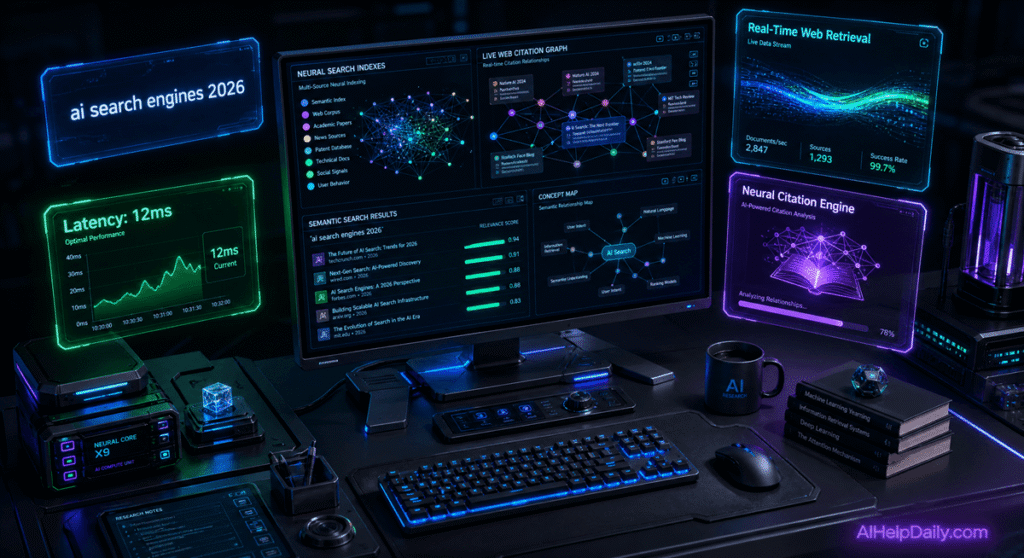 Futuristic 3D isometric search studio with widescreen monitor showing neural indexes, citation graphs, and holographic panels reading “ai search engines 2026,” aihelpdaily.com branding in the corner.