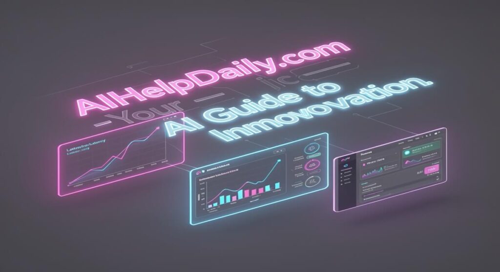 Branding composition with glowing aihelpdaily.com text and holographic panels showing latency charts and cloning dashboards.
