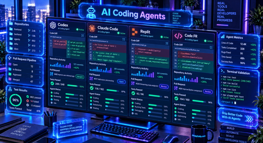 Futuristic workspace with holographic panel reading “AI Coding Agents” and monitor showing code dashboards.