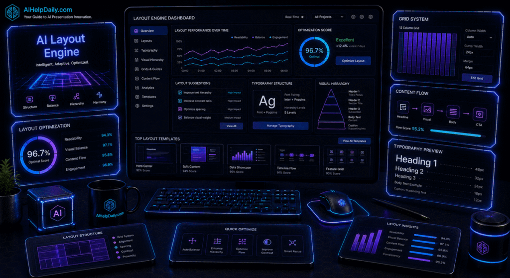 Futuristic workspace with holographic panel reading “AI Layout Engine” and monitor showing layout graphs.