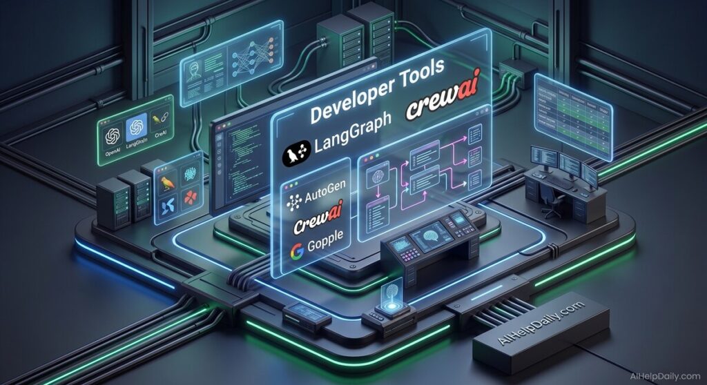 Isometric workspace with holographic panel labeled “Developer Tools” and monitor showing coding pipelines.