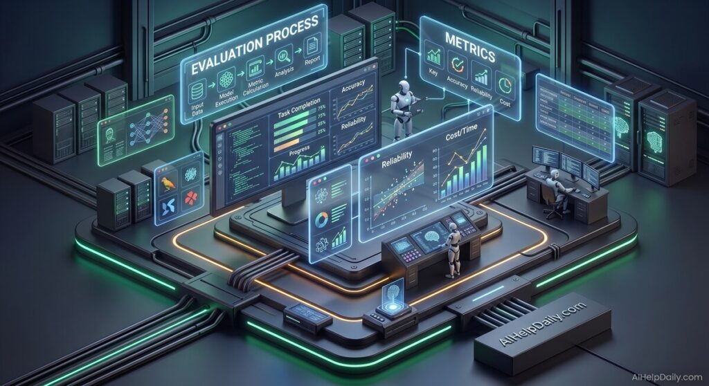 Sleek dashboard showing holographic panels “Evaluation Process” and “Metrics” with performance charts.
