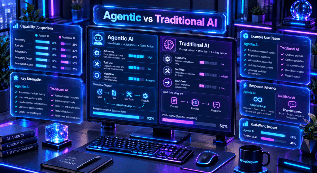 Branding composition with glowing AIHelpDaily text and holographic panels showing tool logos and workflows.