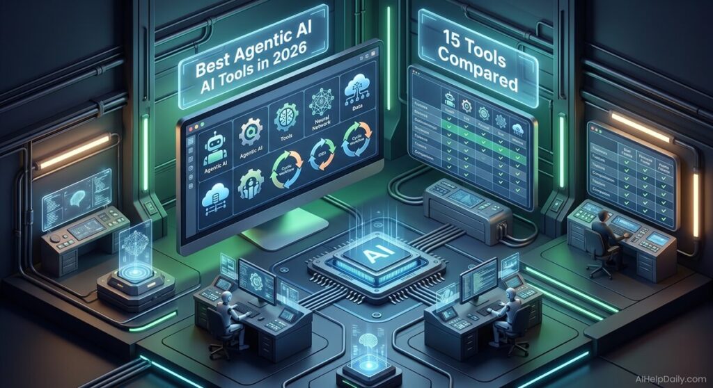 Futuristic 3D isometric studio with widescreen monitor showing agentic AI tools and holographic panels, AIHelpDaily.com branding in the corner.