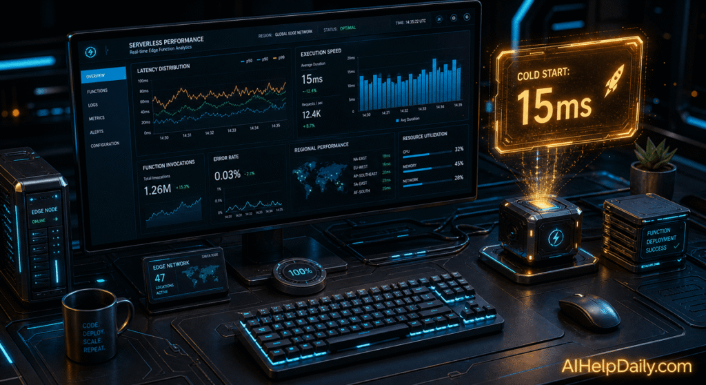 Isometric workspace with holographic panel labeled “Cold Start: 15ms” and monitor showing latency charts.
