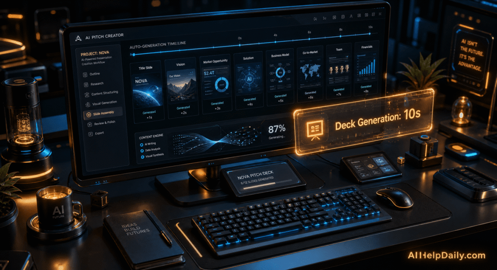 Isometric workspace with holographic panel labeled “Deck Generation: 10s” and monitor showing slide previews.