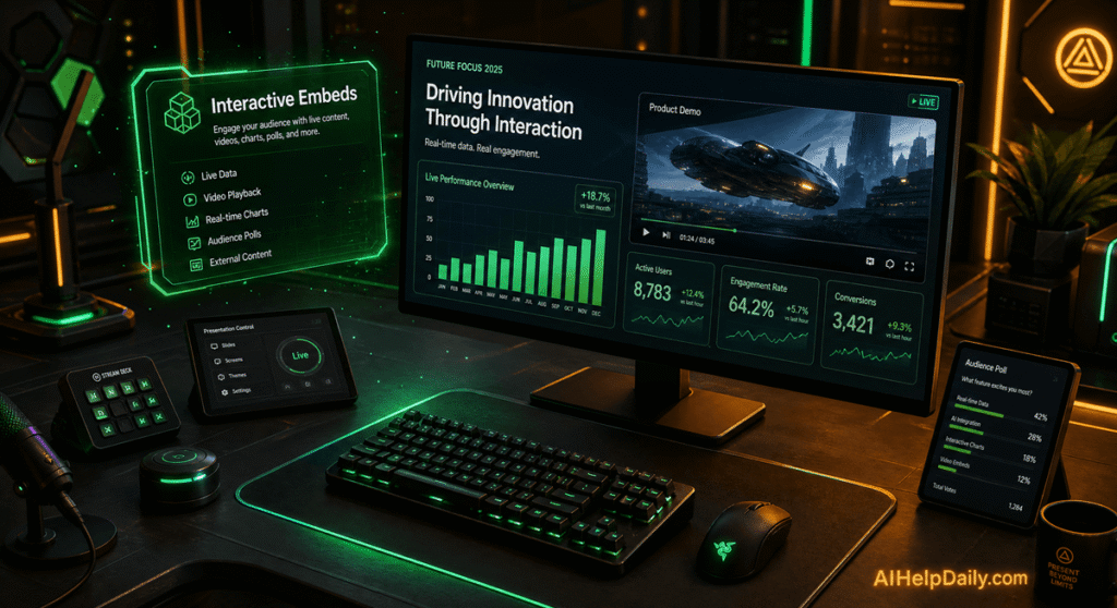 Isometric workspace with holographic panel labeled “Interactive Embeds” and monitor showing embedded visuals.