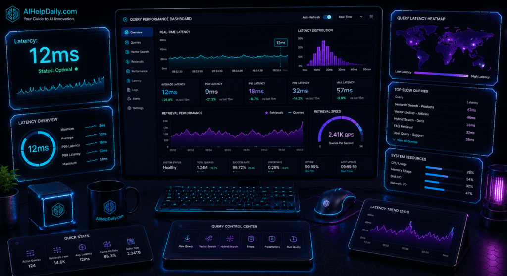 Isometric workspace with holographic panel labeled “Latency: 12ms” and monitor showing latency graphs.