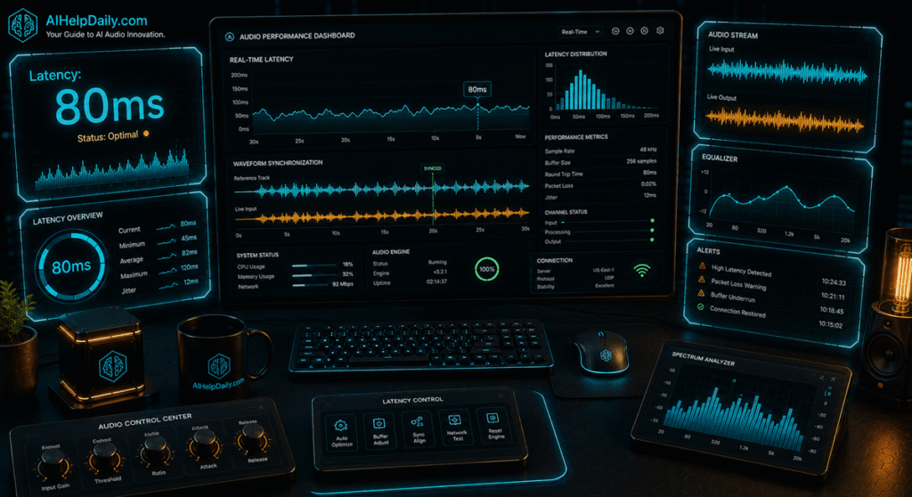 Isometric workspace with holographic panel labeled “Latency: 80ms” and monitor showing latency graphs.