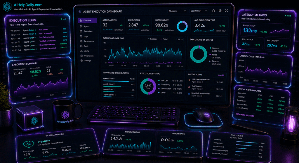 Sleek dashboard showing holographic panels “Execution Logs” and “Latency Metrics” with charts.