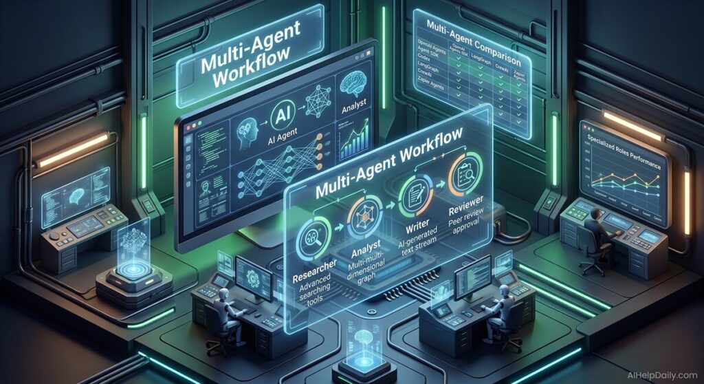 Isometric workspace with holographic panel labeled “Multi‑Agent Workflow” and monitor showing specialized roles.