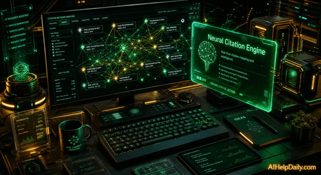 Isometric workspace with holographic panel labeled “Neural Citation Engine” and monitor showing citation graphs.