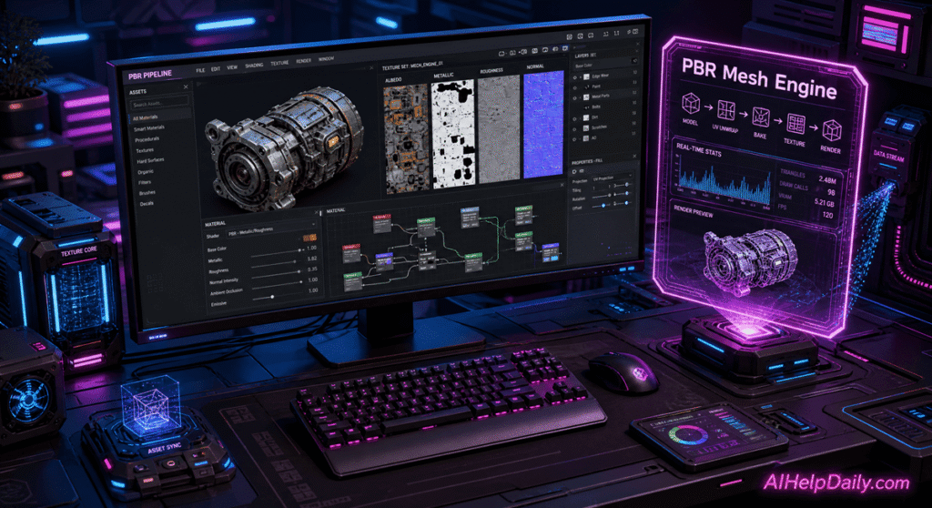 Futuristic workspace with holographic panel reading “PBR Mesh Engine” and monitor showing texture maps.