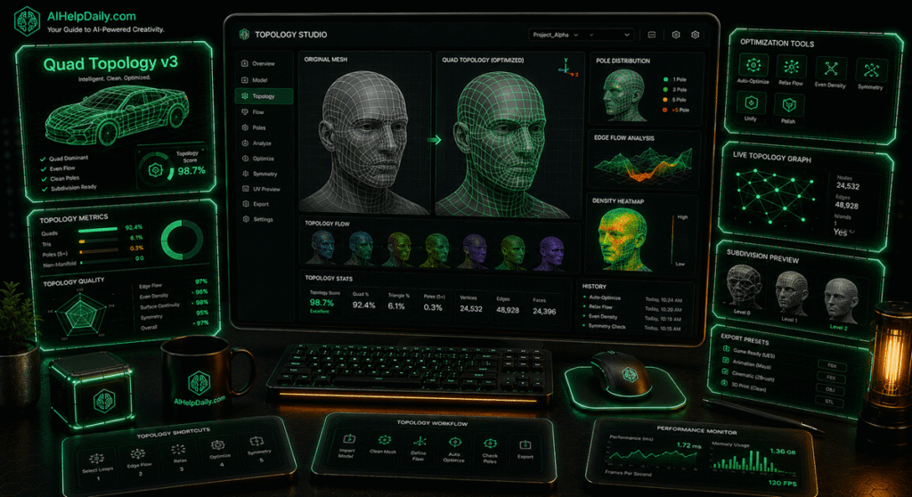 Isometric workspace with holographic panel labeled “Quad Topology v3” and monitor showing topology graphs.