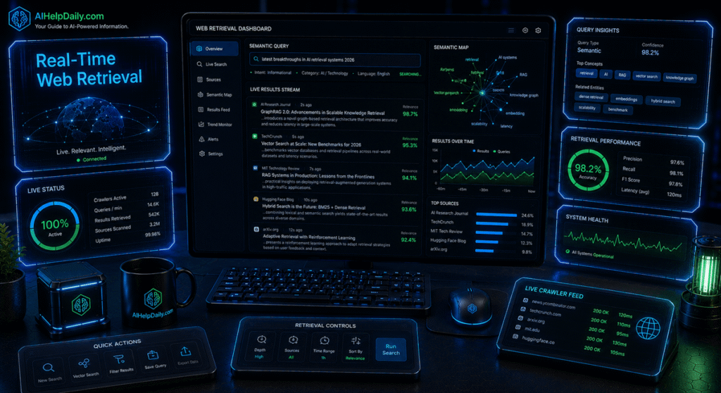 Futuristic workspace with holographic panel reading “Real-Time Web Retrieval” and monitor showing streaming search results.