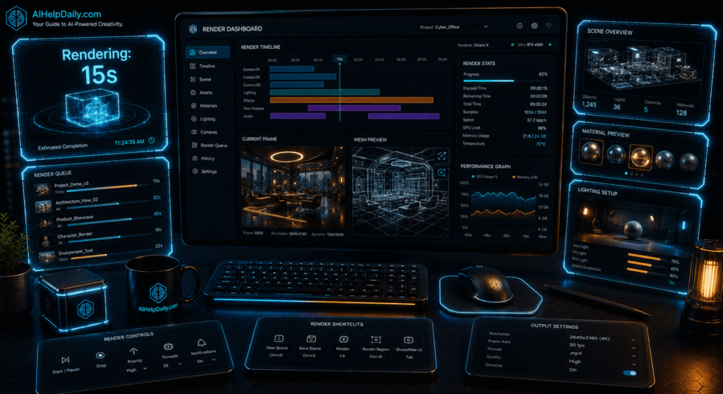 Isometric workspace with holographic panel labeled “Rendering: 15s” and monitor showing render timelines.