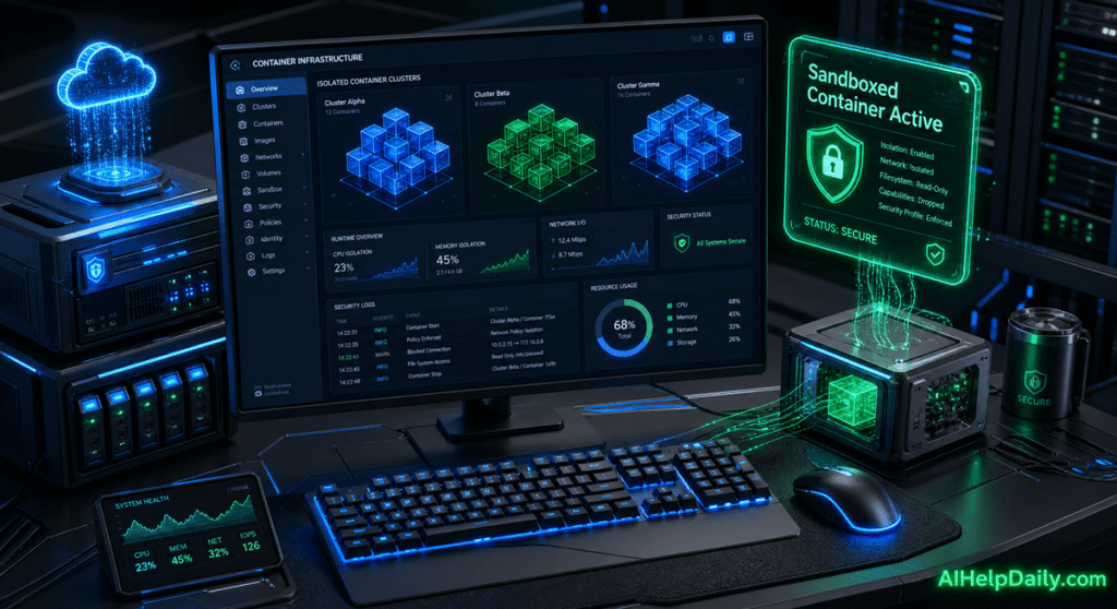 Futuristic workspace with holographic panel reading “Sandboxed Container Active” and monitor showing container clusters.