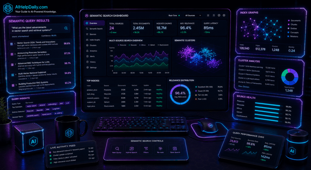 Sleek dashboard showing holographic panels “Semantic Query Results” and “Index Graphs” with analytics charts.