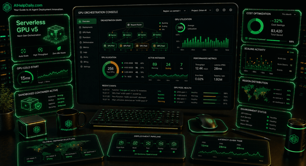 Isometric workspace with holographic panel labeled “Serverless GPU v5” and monitor showing GPU orchestration graphs.