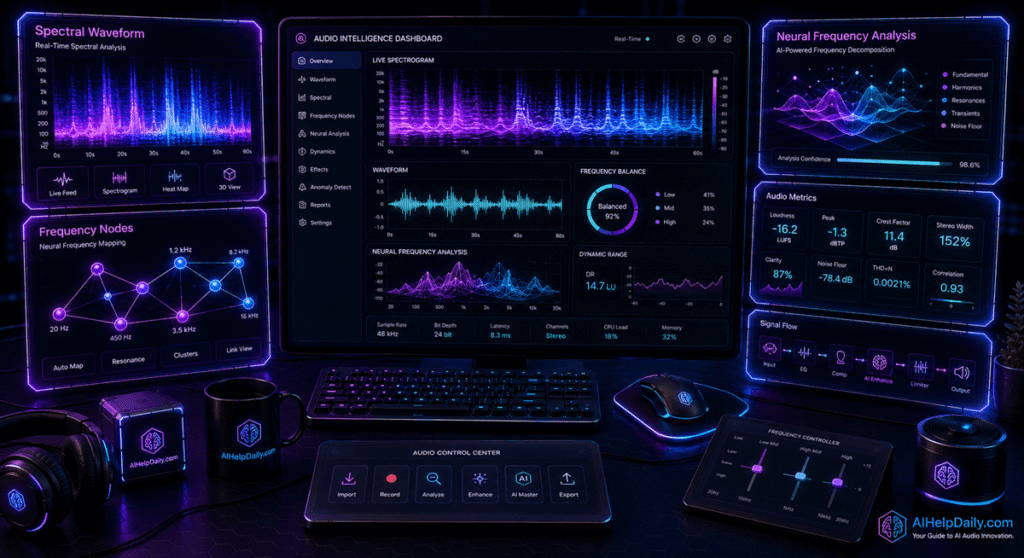Sleek dashboard showing holographic panels “Spectral Waveform” and “Frequency Nodes” with audio charts.