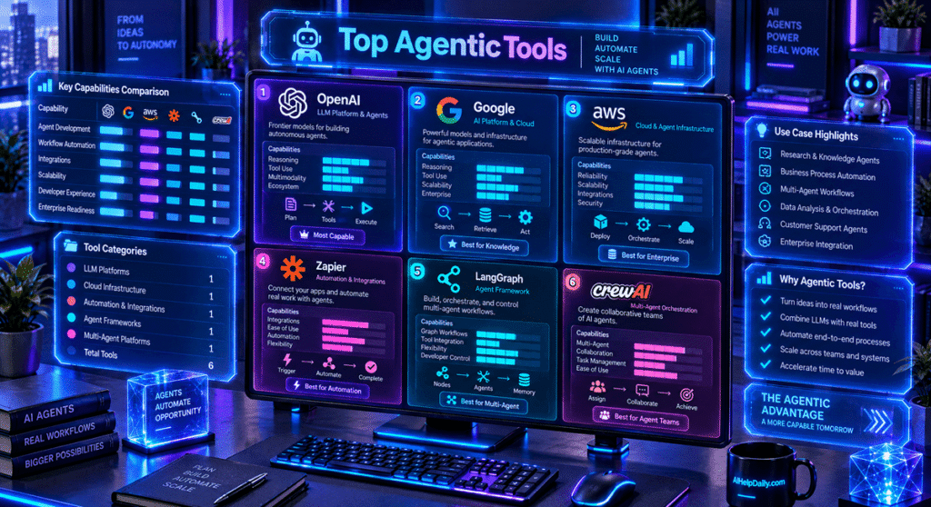 Sleek dashboard showing holographic panels “Top Agentic Tools” with tool logos.
