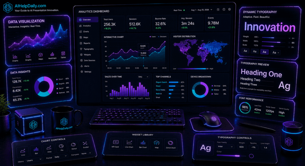 Sleek dashboard showing holographic panels “Data Visualization” and “Dynamic Typography” with analytics charts.