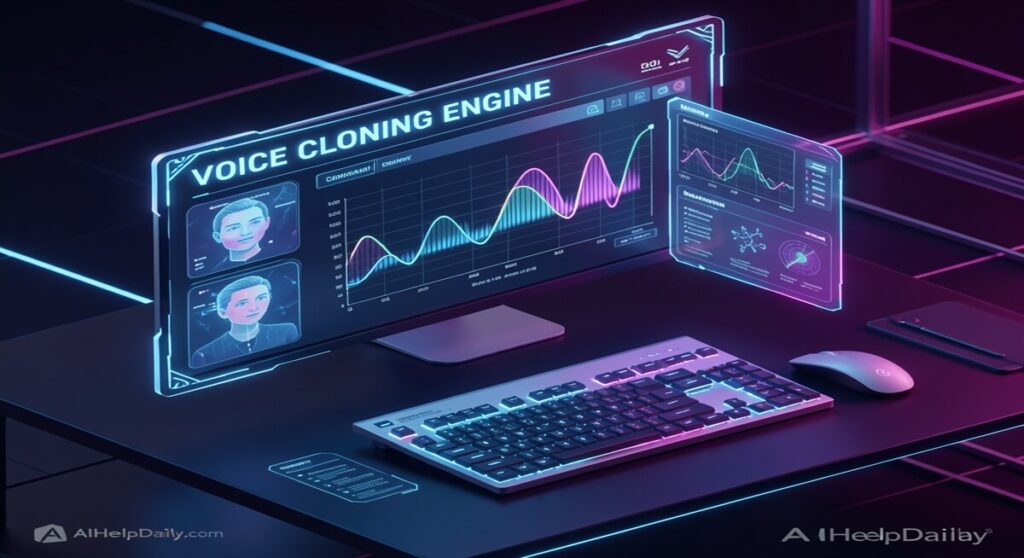 Futuristic workspace with holographic panel reading “Voice Cloning Engine” and monitor showing cloned voice layers.