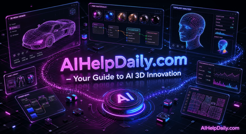 ai 3d generators: A digital 3D design studio rendering generative mesh geometry, PBR textures, and real-time spatial asset pipelines.