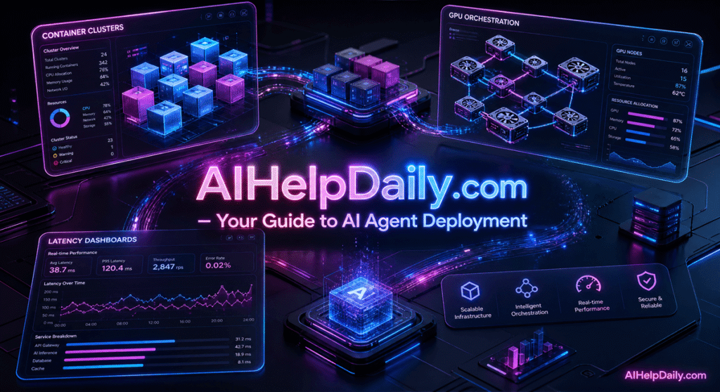 ai agent deployment platforms: A cloud infrastructure dashboard displaying sandboxed agent execution, serverless GPU clusters, and real-time telemetry.