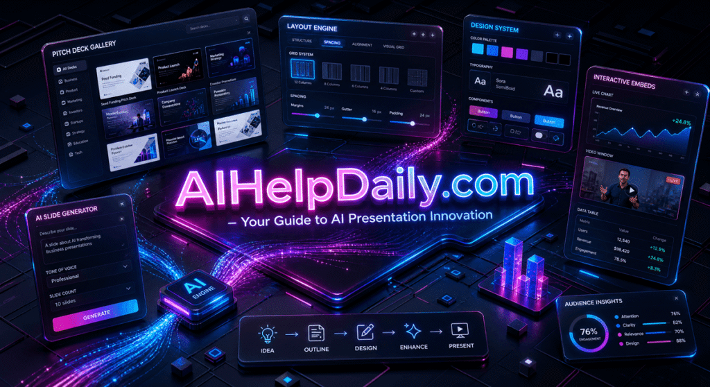 ai presentation tools: A modern presentation design workspace displaying automated slide layouts, pitch deck generation, and interactive charts.