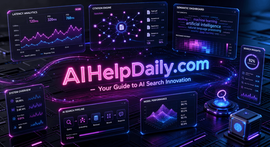 ai search engines: A modern research dashboard showing real-time AI web search, live cited sources, and semantic graph retrieval.