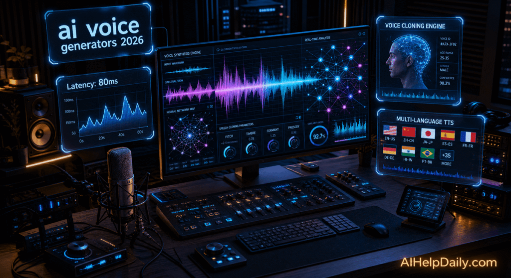 ai voice generators: A digital audio workstation rendering AI voice cloning waveforms, speech synthesis, and real-time latency controls.