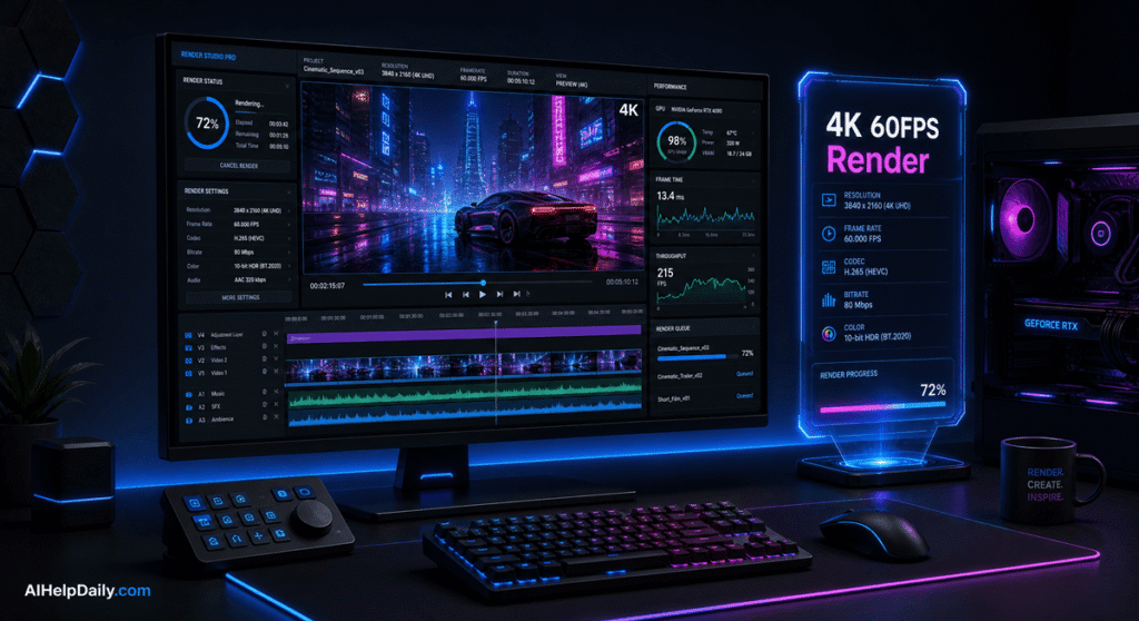 Futuristic workspace with holographic panel reading “4K 60FPS Render” and monitor showing render timelines.