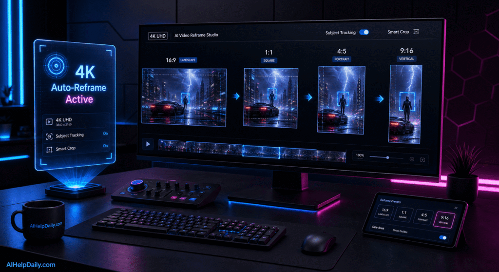 Futuristic workspace with holographic panel reading “4K Auto‑Reframe Active” and monitor showing reframing previews.