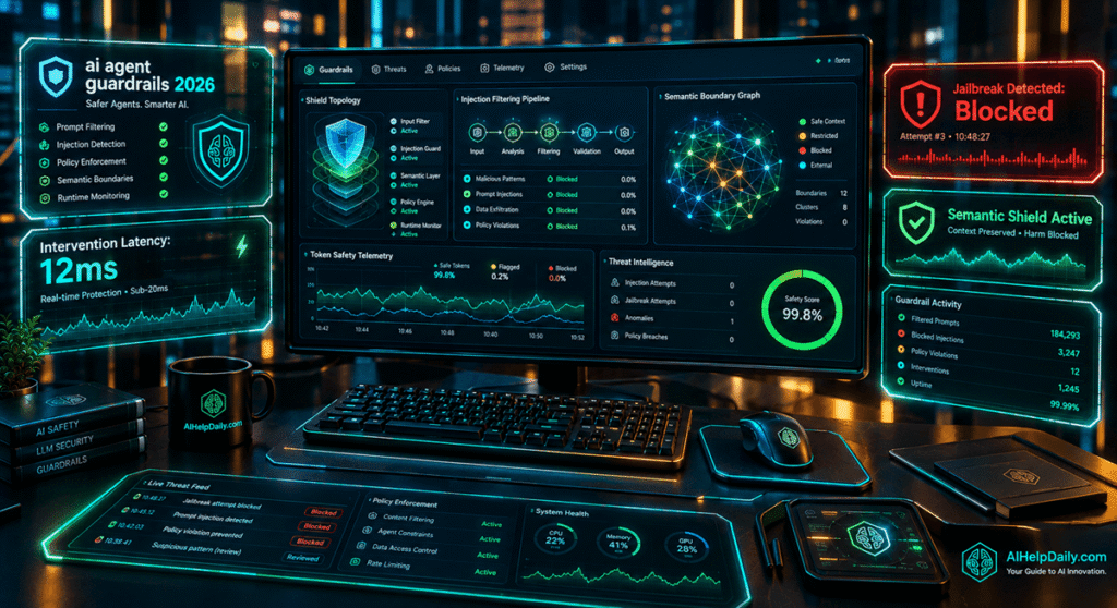 Futuristic 3D isometric cybersecurity studio with widescreen monitor showing guardrail dashboards, holographic panels reading “ai agent guardrails 2026,” AIHelpDaily.com branding in the corner.