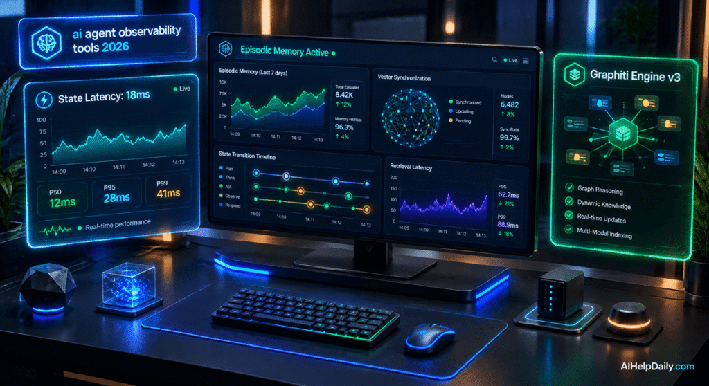 Futuristic 3D isometric observability studio with widescreen monitor showing execution traces, holographic panels reading “ai agent observability tools 2026,” AIHelpDaily.com branding in the corner.